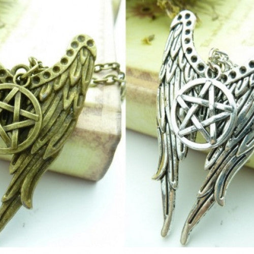 Antique Bronze / Silver Tone Supernatural Castiel Wings Pendant Necklace Charm