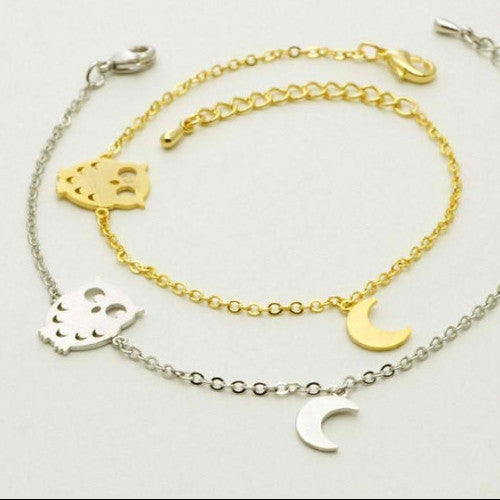 Valentine Gift Gold Link Chain Vintage Night Owl Unique Charm Bracelet